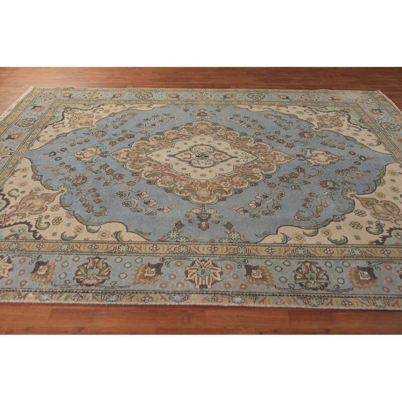 Light Blue Tabriz Persian Area Rug Hand-Knotted Oriental Wool Carpet - 7'10"x 11'1"