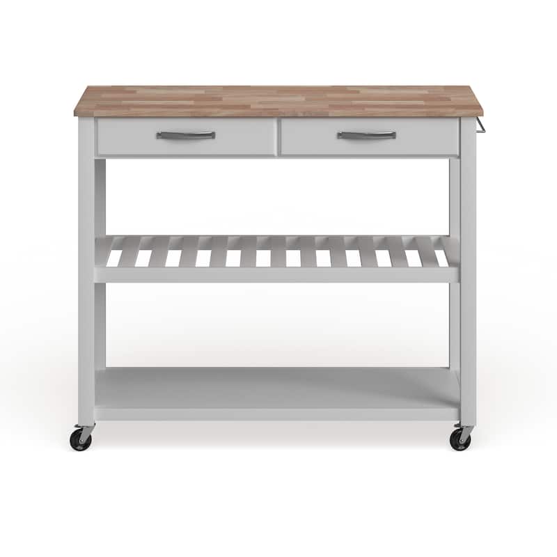 Crosley Natural Wood Top Kitchen Cart/ Island With Optional Stool Storage in White Finish - 17"d x 43"w x 35"h