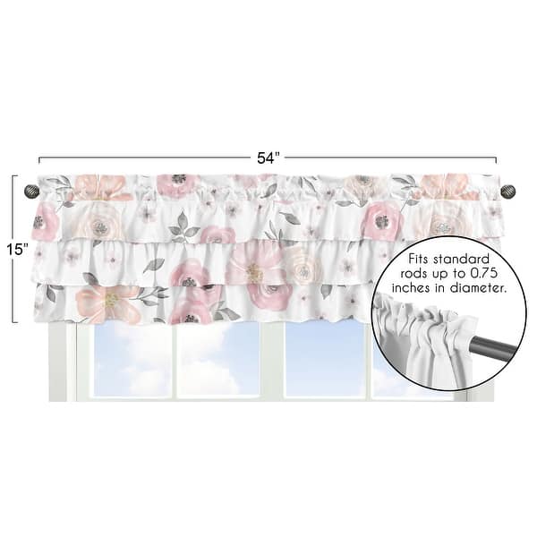 Pink and Grey Watercolor Floral Window Curtain Valance - Blush Gray White Shabby Chic Rose Flower Polka Dot Tiered Ruffled