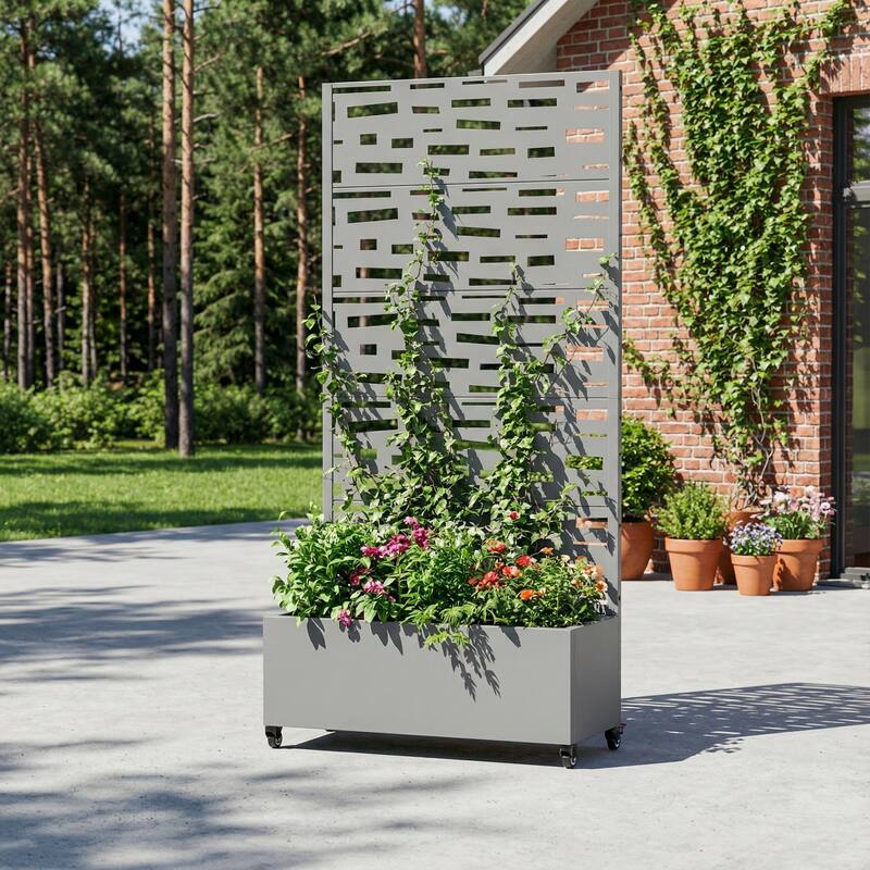Raised Garden Bed Planter with Trellis Movable Planter Box with Lockable Wheels - 72*35 - Grey