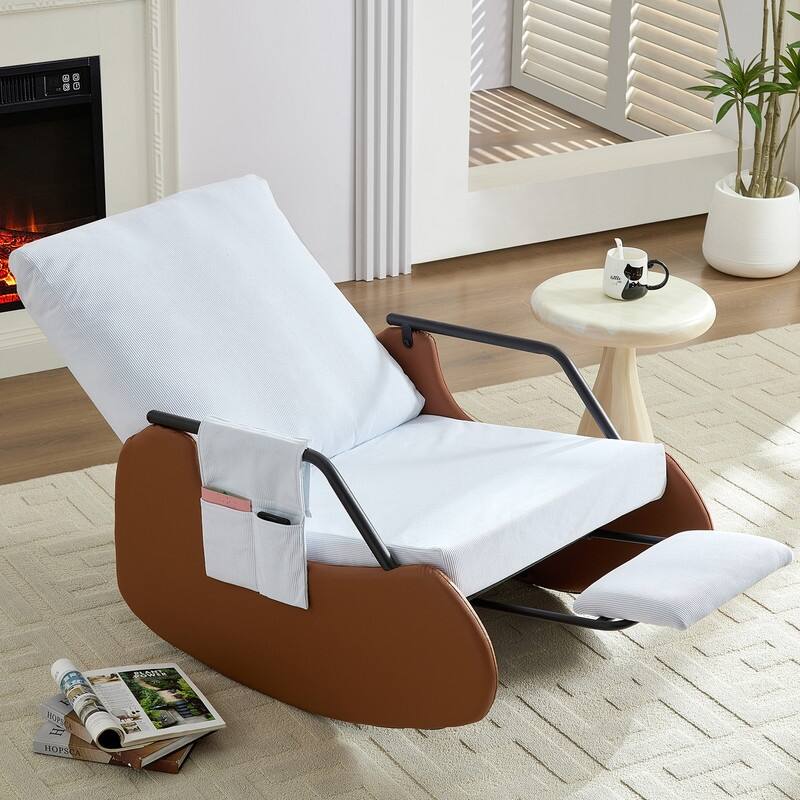 Mixoy Corduroy Upholstered Rocking Chair with Wooden Legs Wrapped in Leather,Adjustable Footrest