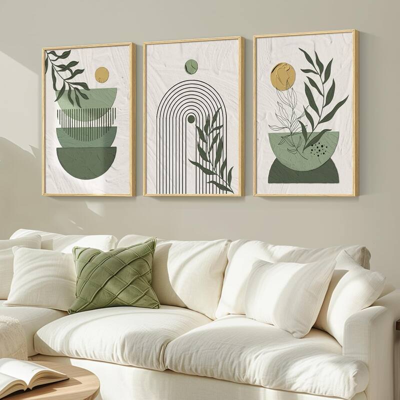 Framed Sage Green Large Boho Canvas Wall Art - 24 x 36