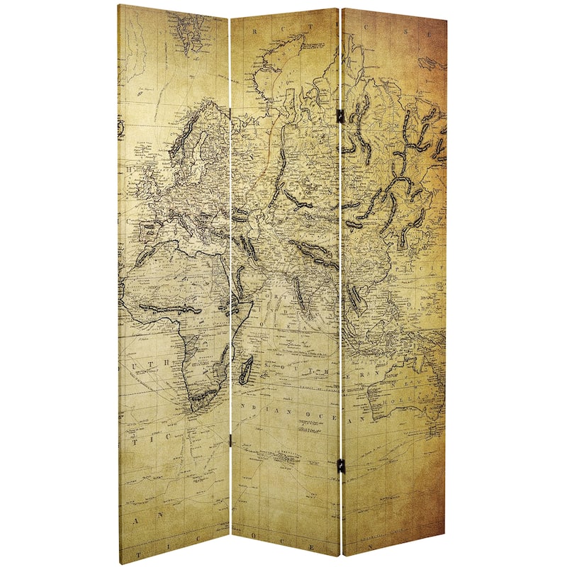 Handmade 6' Double Sided Vintage World Map Canvas Room Divider