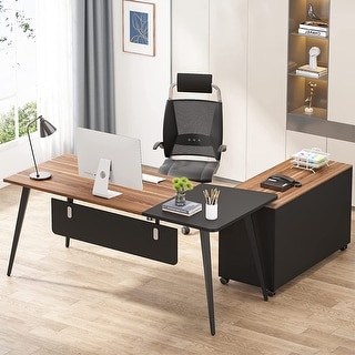 70 inch Large L Shaped Computer Office Desk with File Cabinet Storage ...