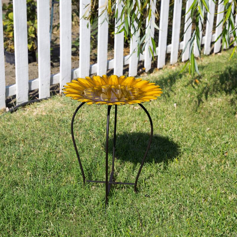Alpine Corporation 19" Tall Embossed Metal Sunflower Birdbath Decoration Yard Statue