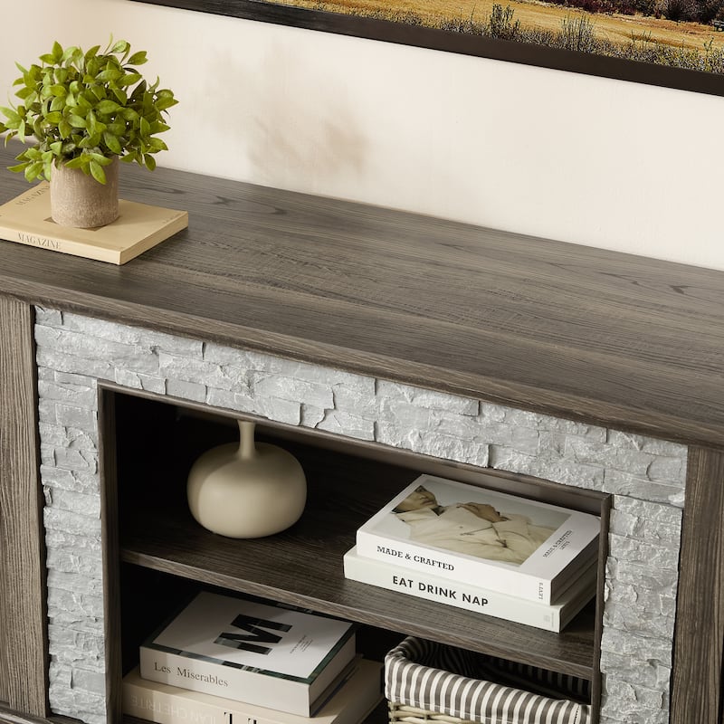 GDFStudio Alice Wood 70" TV Stand with Faux Stone Surround and 2 Door Storage