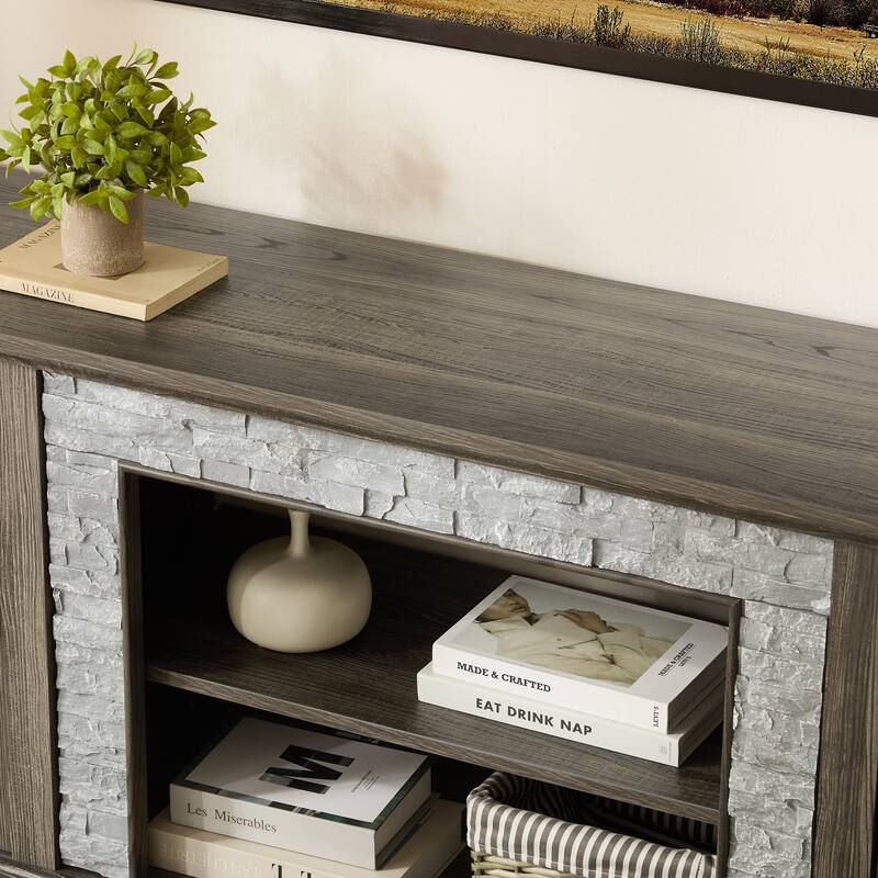 Modern TV Stand, Faux Stone Media Console Cabinet with 2-Door Storage and Retro Metal Handle, for Living Room, Grey