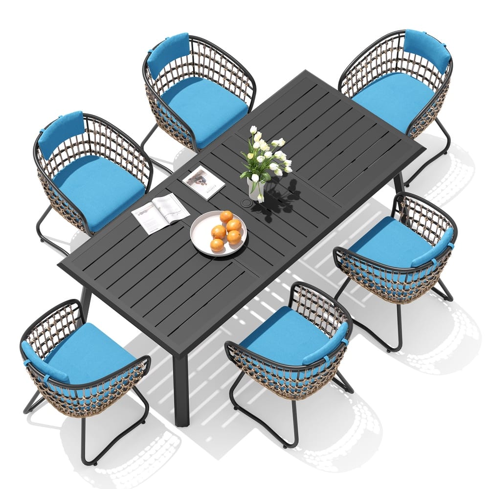VredHom 7-PC Outdoor Patio Rectangular Aluminum Dining Sets Table with Rattan Chairs