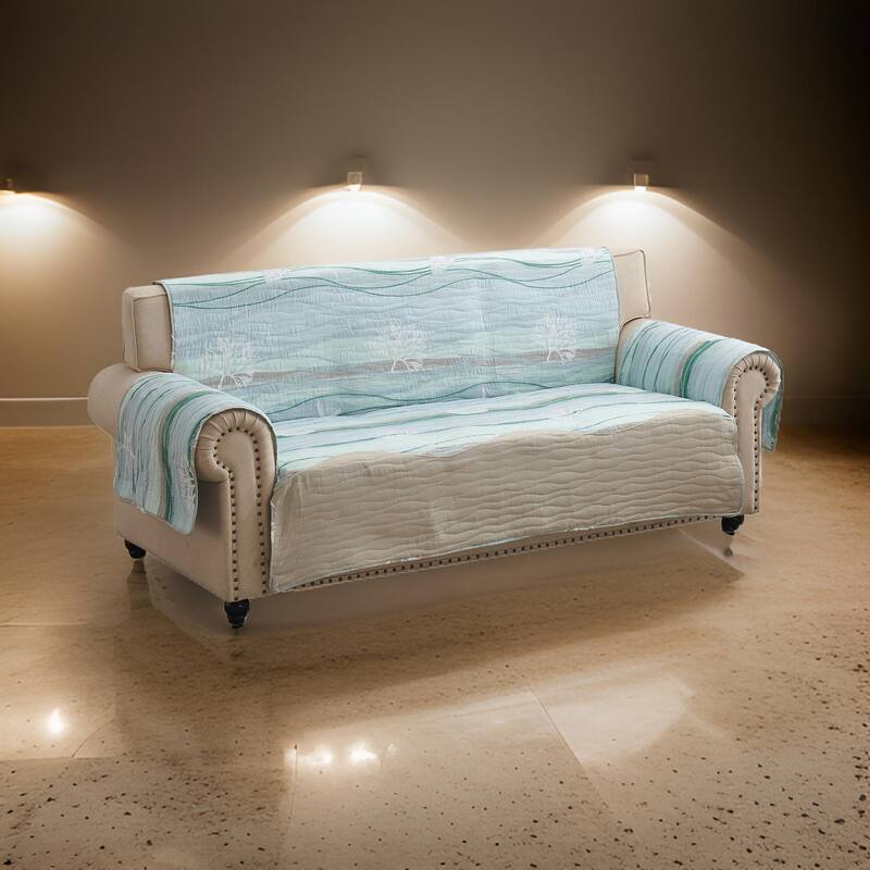 Niha 127 Inch Sofa Cover, Ocean Wave Print and Quilting, Border, Multicolor