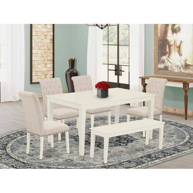 Vintage Dining Set - 6 Piece Rectangular Table & 4 Parson Chairs with Bench - Linen White & Beige - 60