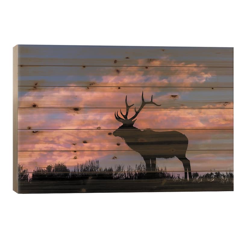 Bull Elk Or Wapiti Silhouetted On Ridge Top, Yellowstone National Park, Wyoming Print On Wood by Adam Jones - Multi-Color - 26x40x1.5