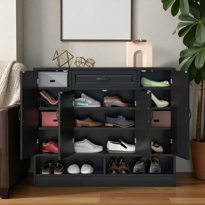 47.2" Modern Shoe Storage Cabinet with Adjustable Shelves, Minimalist Freestanding Shoe Organizer with Drawer for Entryway