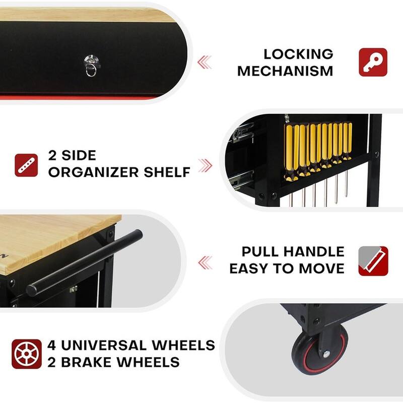 3-Drawer Rolling Tool Cart Wooden Top Storage Tool Box Garage Cabinet