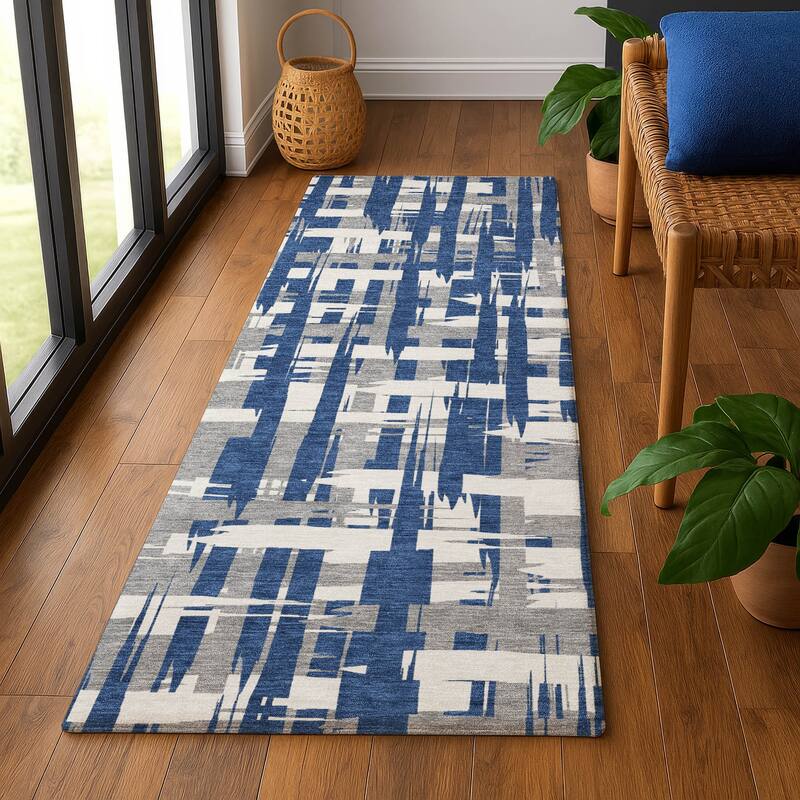 Premium Washable Super Soft Contemporary Plaid Mayfield Rug - Navy - 2'3" x 7'6"