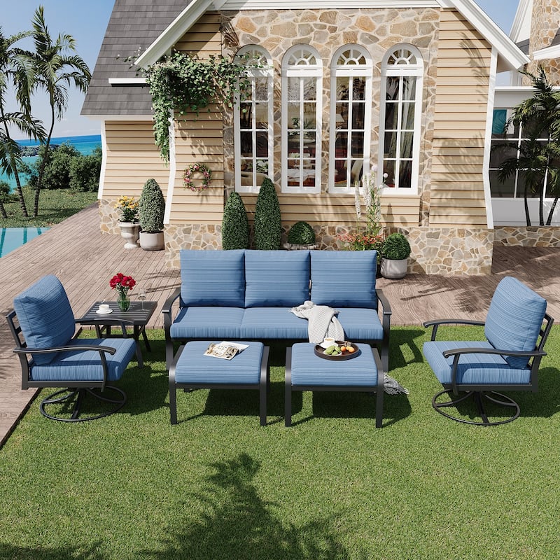 EROMMY Patio Set: 360° Swivel Rockers, Sofa, Ottomans & Table – Outdoor Conversation Set for Poolside, Garden & Deck - 6 PCS - Sofa & Swivel Rocking Chair - Blue