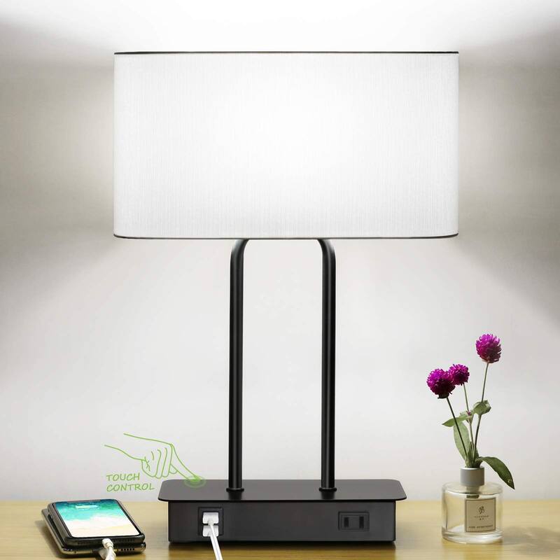 Bedside Touch Control Table Lamp with Dual USB Charging Ports 1 AC Outlet, 3 Way Dimmable Modern Nightstand Lamp - White