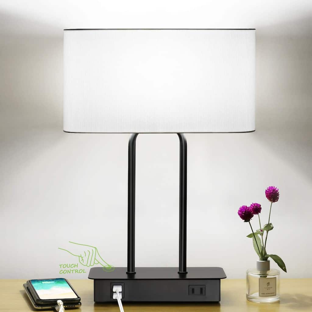 Bedside Touch Control Table Lamp with Dual USB Charging Ports 1 AC Outlet, 3 Way Dimmable Modern Nightstand Lamp
