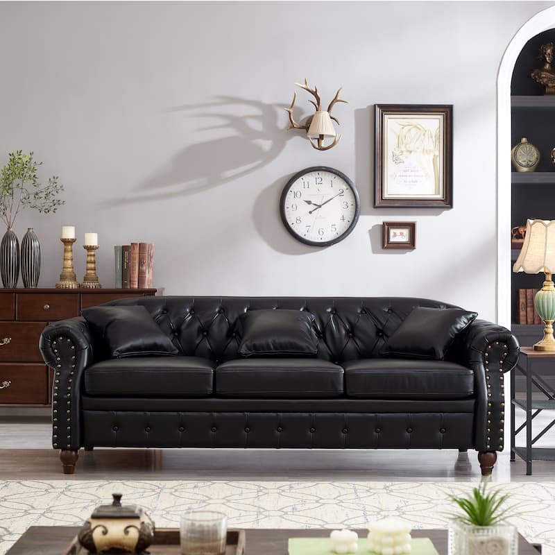 Chesterfield Sofa Classic Tufted Technical Leather Lounge Couch with Hidden Storage, Nailhead Trim and Pillows, for Living Room - Black