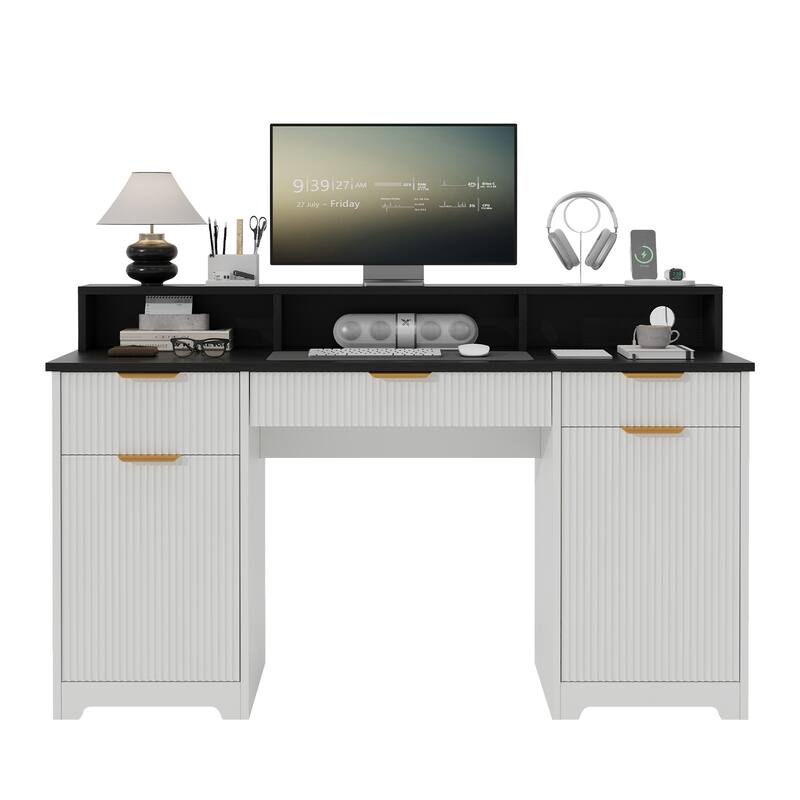 Pocassy Fluted Office Desk with Power Outlets Long Monitor Stand