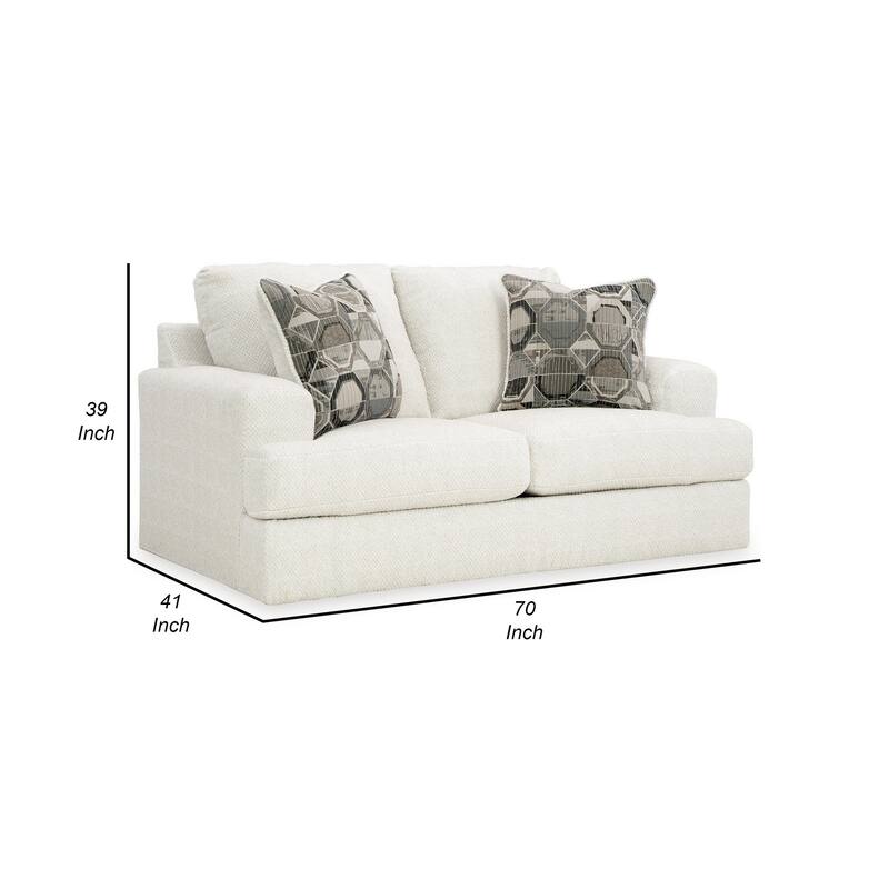 Henly 70 Inch Loveseat, 2 Accent Pillows, Oversized, Soft White Polyester