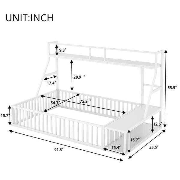 dimension image slide 3 of 4, Floor Bed Frame with Safety Fence, Metal Floor Bed with Desk and Storage Shelves, Playhouse for Kids