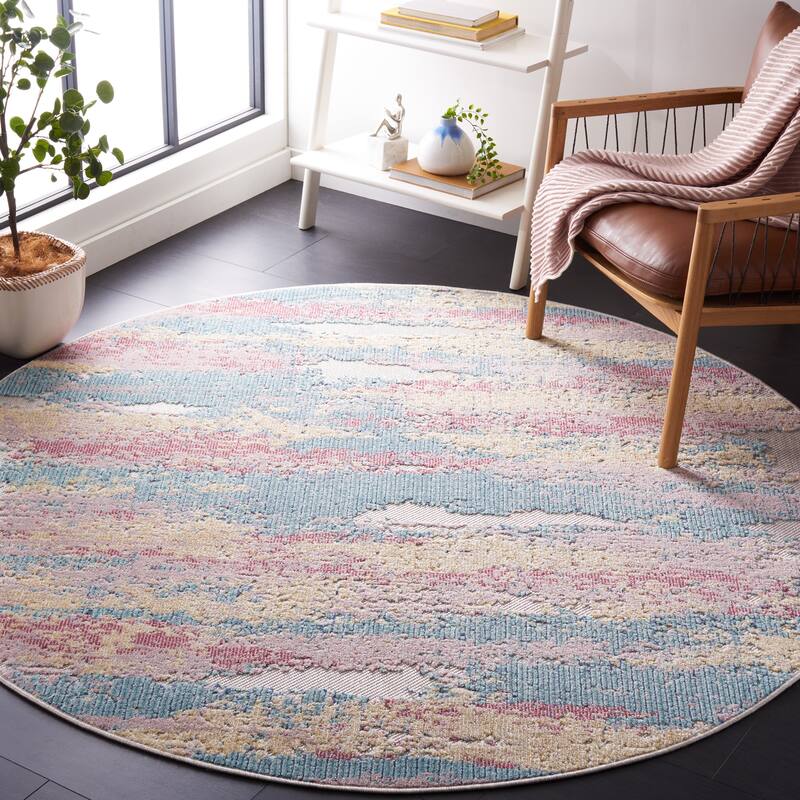 SAFAVIEH Cabana Chirine Indoor/ Outdoor Boho Rug - 6'7" Round - Aqua/Pink