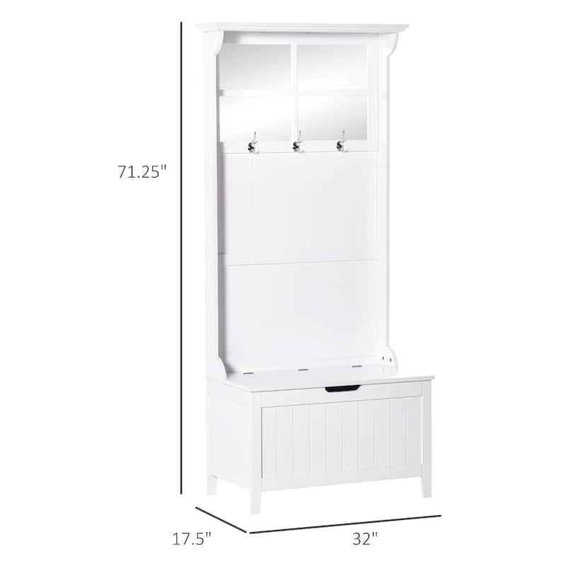 HOMCOM Coat Rack Shoe Bench with Storage 4 In 1 Hall Tree for Entryway Hallway Organizer with Cabinet 3 Hooks Mirrors White