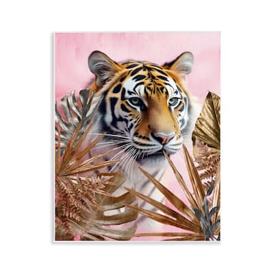Stupell Exotic Tiger with Gold Leaves Wall Plaque Art Design By Kim Allen