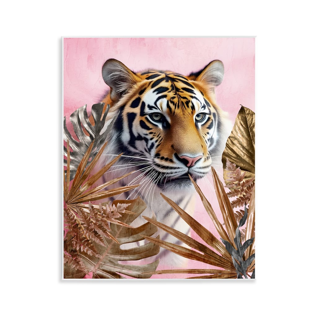 Stupell Exotic Tiger with Gold Leaves Wall Plaque Art Design By Kim Allen