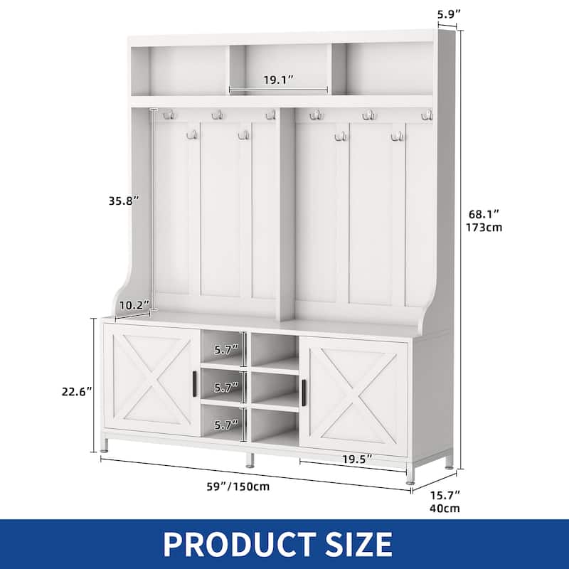 Moasis Farmhouse Hall Tree with Bench and Shoe Storage with 10 Hooks for Entryway