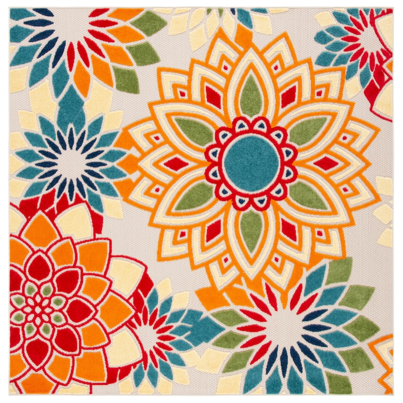 SAFAVIEH Cabana Elvezia Indoor/ Outdoor Waterproof Patio Floral Rug - 8' Square - Ivory/Orange