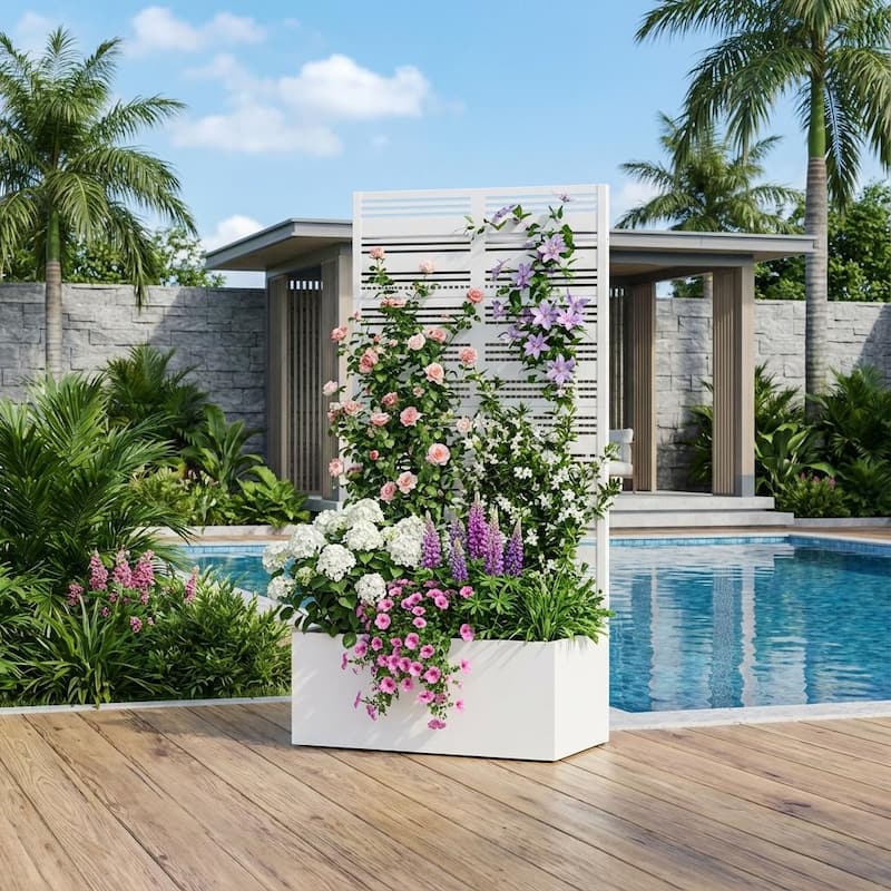 Metal Galvanized Planter Box with Trellis Privacy Screen Lockable Wheels