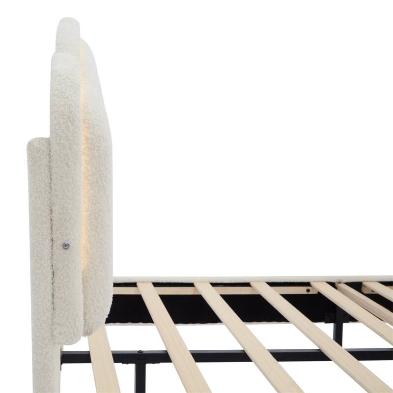 Upholstered Platform Bed with Flower-Shaped Headboard & LED Light Strip, Twin/Full Size Sherpa Fabric Bed Frame w/ Slats Support