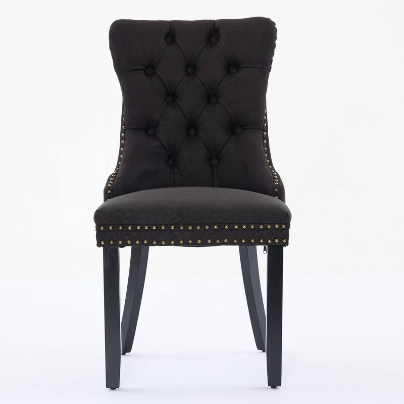 Set of 2 Linen Upholstered Dining Chair with Wood Legs, Nailhead Trim
