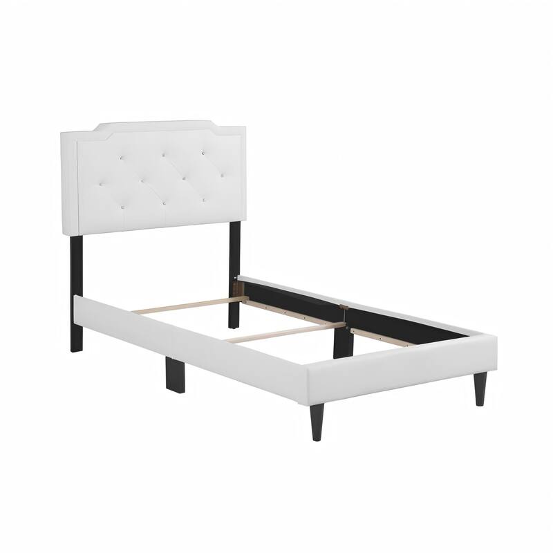 White Twin Bed with Tufted Headboard and Adjustable Height, All in One Box