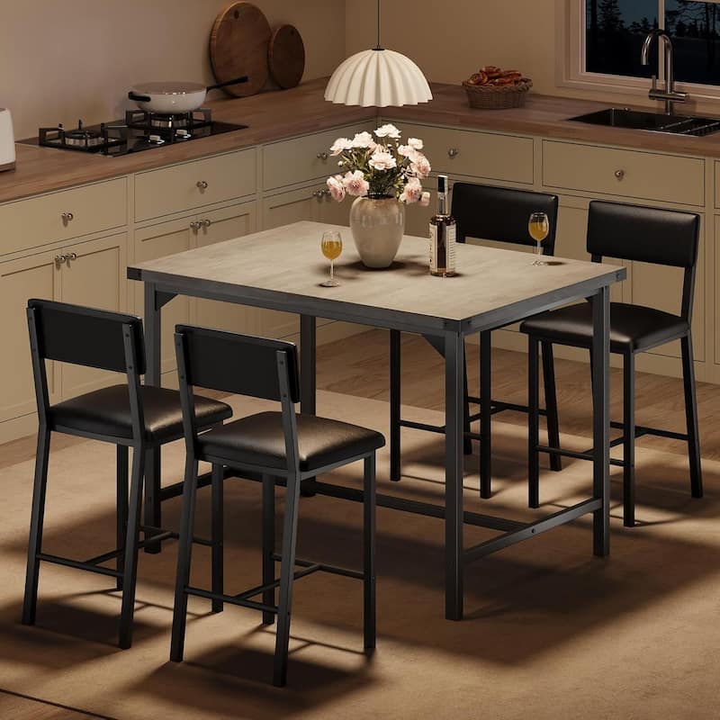 Counter Height Kitchen Dining Table Set with 4 Upholstered Bar Stools for Dining Room