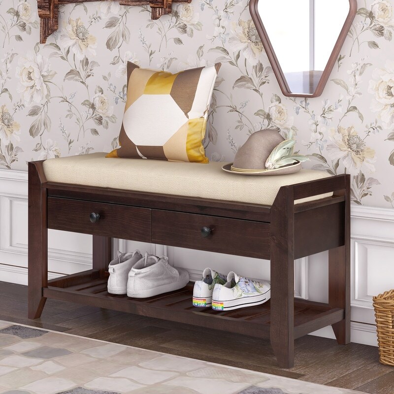 Entryway shoe storage shop bench with cushion