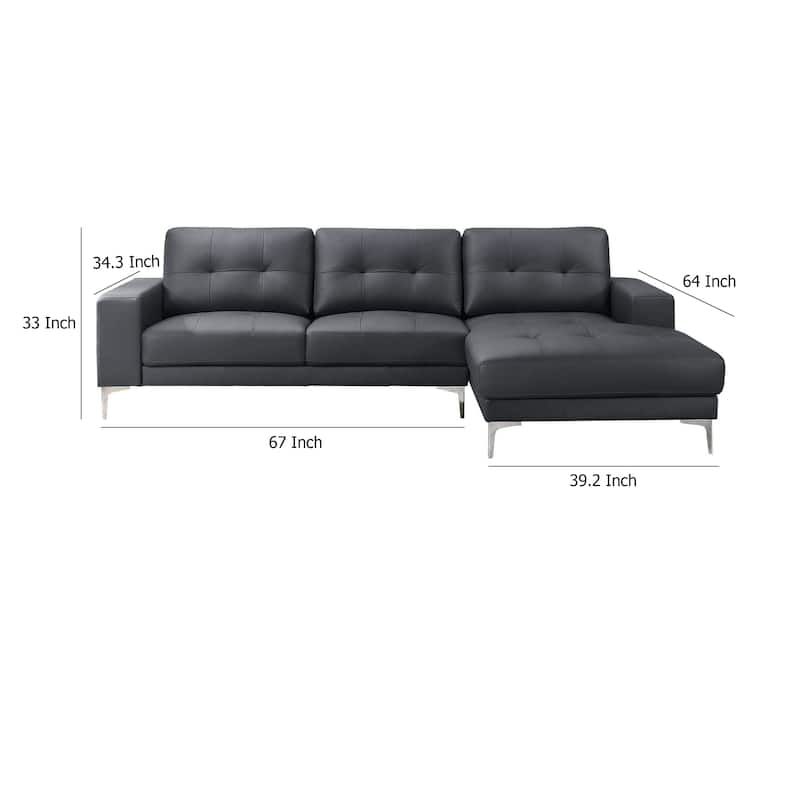 Moa 2pc Sectional Sofa w RAF Chaise, Chrome Legs, Black Full Leather