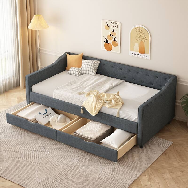 Upholstered Tufted Twin Size Daybed with Drawers, Button on Back