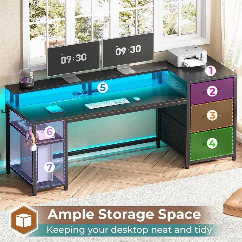 Office Desk 3 Fabric Drawers Computer Desk LED Lights & Power Outlet
