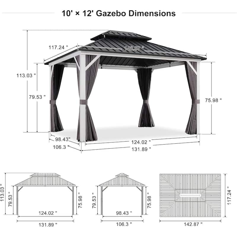 PURPLE LEAF Patio Hardtop Gazebo for Outdoor Grey Galvanized Steel Double Roof White Aluminum Poles