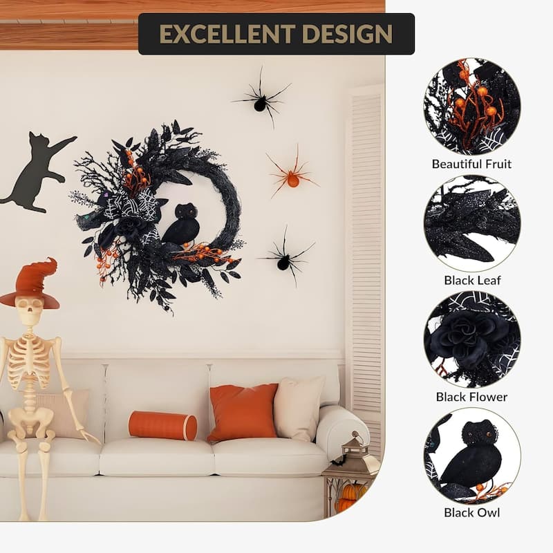 20 Inch Halloween Owl Door Wreath for Door Wall Party Home Decor - N/A