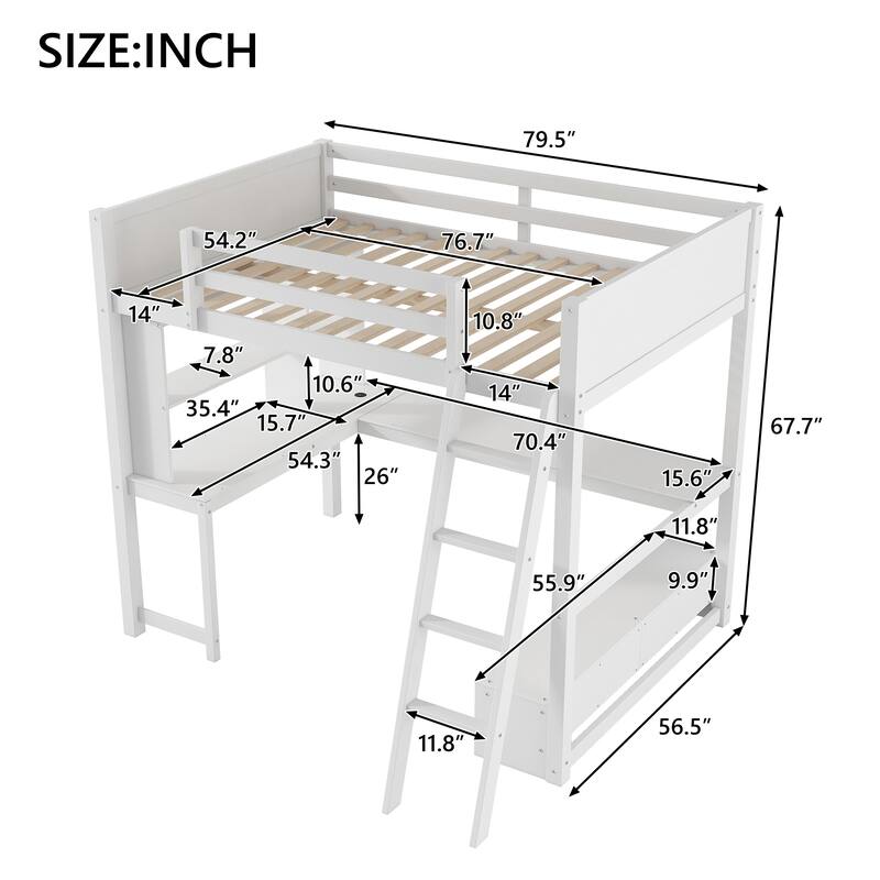 Loft Bed with L-shaped Multi-storage Desk, LED light and USB Charging Station, Storage Bench with 2 Drawers