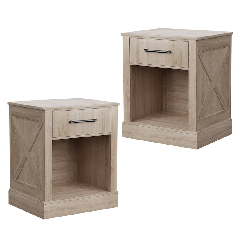 Gymax 2PCS Nightstand with Drawer and Shelf Rustic Wooden Bedside - Natural