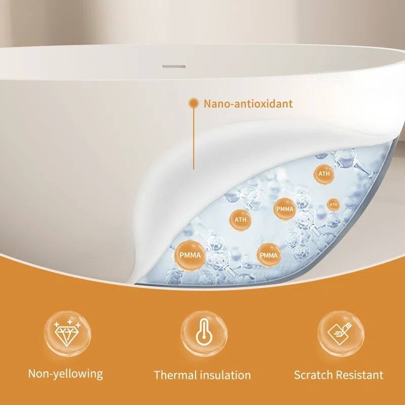 ABRUZZO 65'' x 34.25'' Freestanding Soaking Solid Surface Bathtub with Overflow and Pop-up Drain