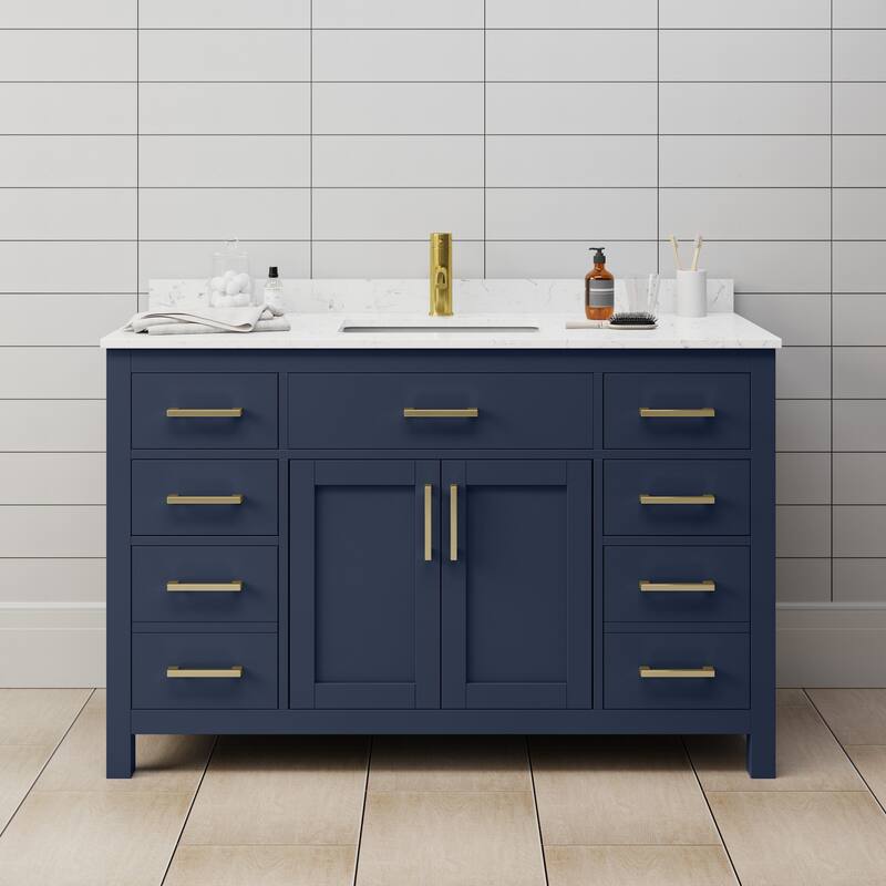 Wyndham Collection Beckett 54" Free Standing Single Basin Vanity Set - Dark Blue / Carrara Cultured Marble Top / Brushed