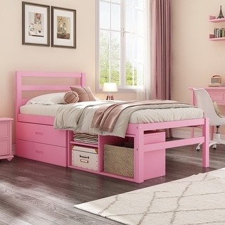 Wood Platform Bed with Removable Storage Shelves, Built-in Two Storage Drawers