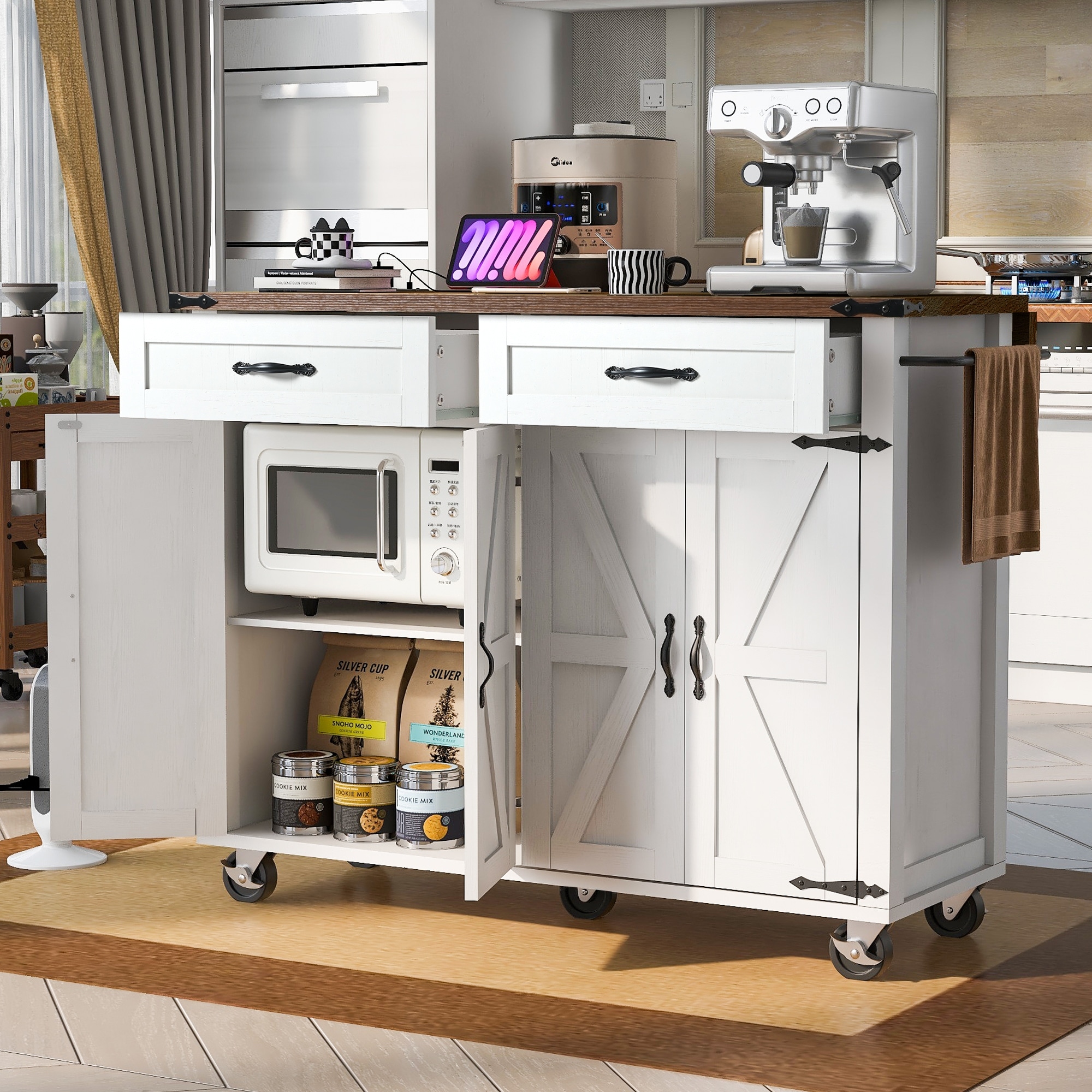 53.5'' Farmhouse Kitchen Island with Power Outlet, Kitchen Storage Island with Drop Leaf, Rolling Kitchen Cart on Wheels