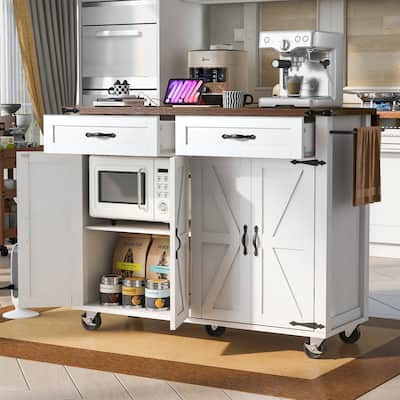 Farmhouse Style Kitchen Island Cart with Drop Leaf, Spice Rack, Power Outlet & 4 Doors on Rolling Wheels
