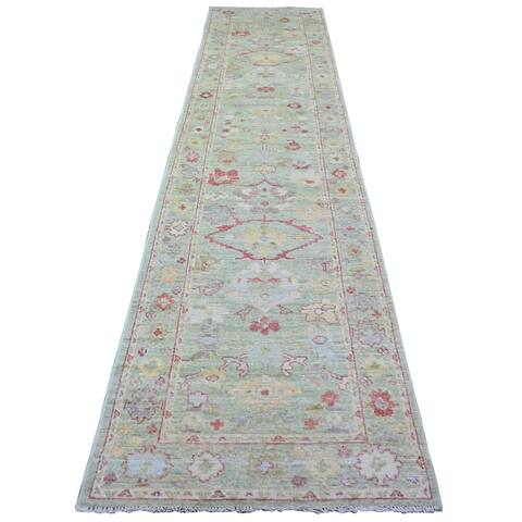 Shahbanu Rugs Swamp Green, Afghan Oushak with Natural Dyes, Soft Wool Hand Knotted, Runner Oriental Rug (3'2" x 13'6")